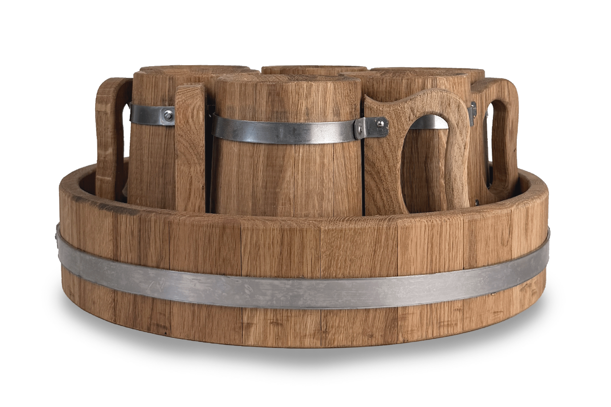 Holzset: 6 Krüge 0.5 L und ein Tablett